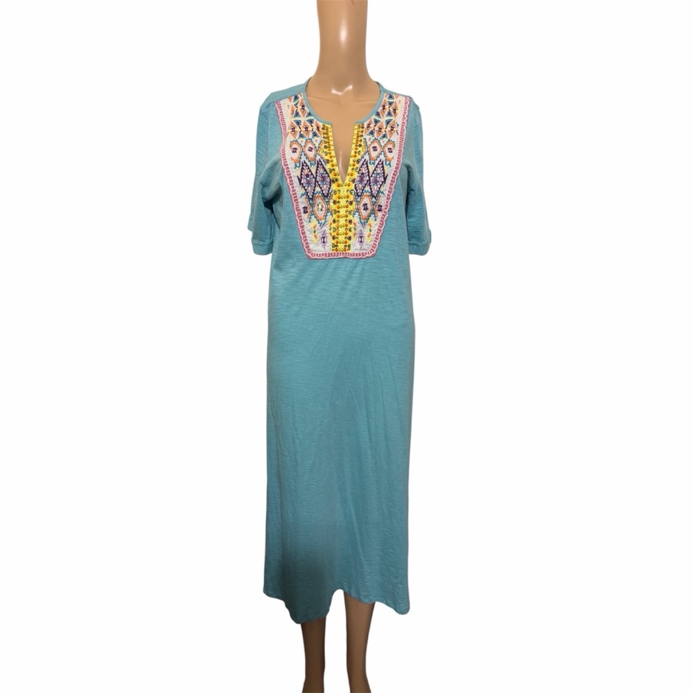Soft Surroundings Teal Midi Dress with Colorful Embroidery size small